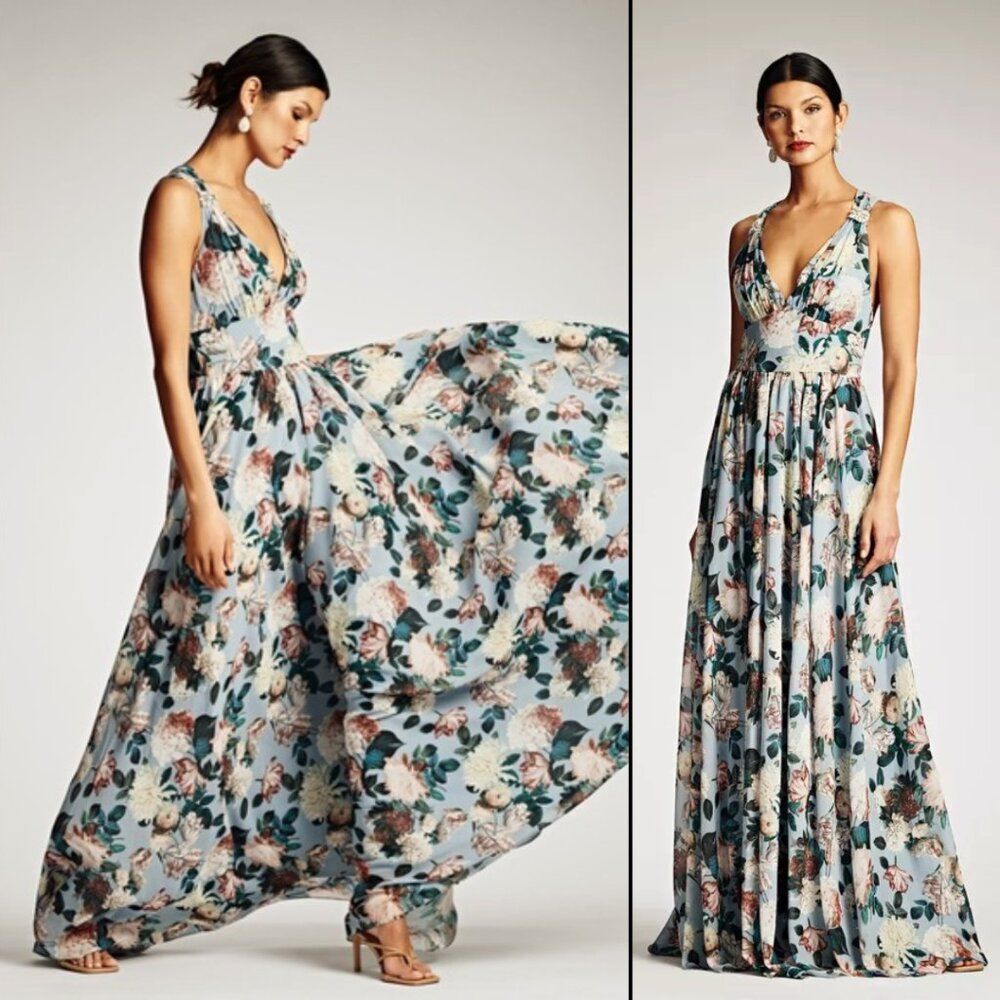 $850 Sachin + Babi Size 14 Kenzia Blue Pink White Floral Chiffon Gown Maxi Dress